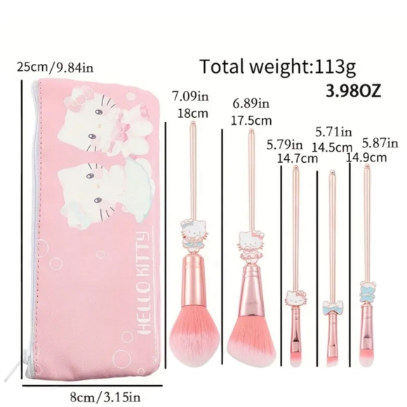 HELLO KITTY 5 Piece Professional Cosmetic Makeup Brushes With Leather Pouch - Picture 5 of 16